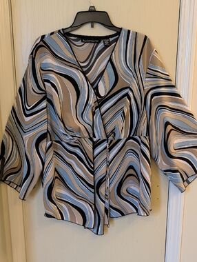 Blue Diamond Plus Wrap Blouse Size 24 Multi Swirl V-Neck Top